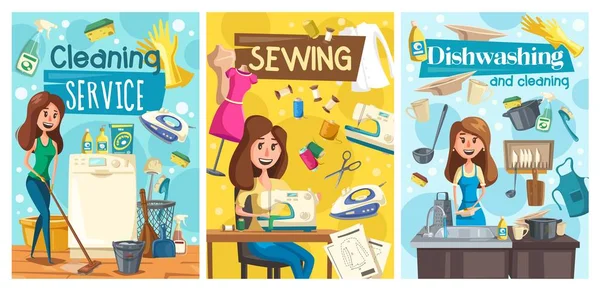 Afwas, naaien, schoonmaakservice. Huishoudelijke — Stockvector