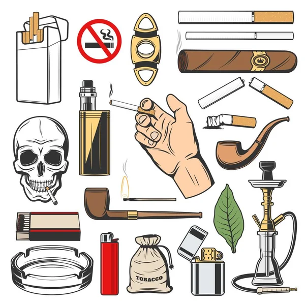 Tabak iconen, roken sigaretten en vapes — Stockvector