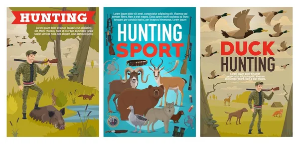 사냥꾼과 야생 동물. 탄약, 사냥 스포츠 — 스톡 벡터