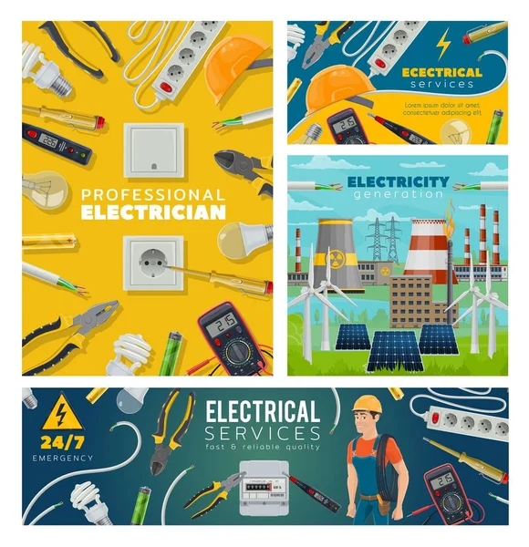 Eletricista e ferramentas elétricas, indústria de energia —  Vetores de Stock