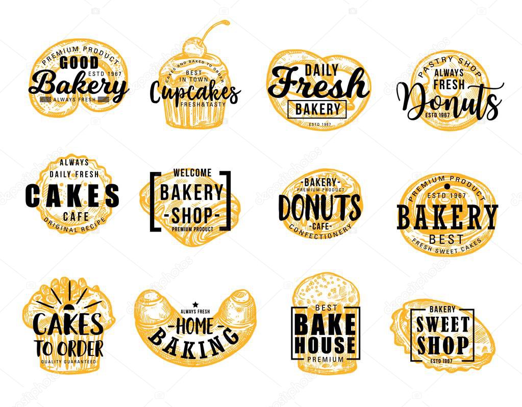 Bakery and confectionery food, lettering symbols. Vector pretzel and cupcake, donut and cakes, baking and bakehouse badge. Sweet shop, croissant and bun, patisserie pastry desserts