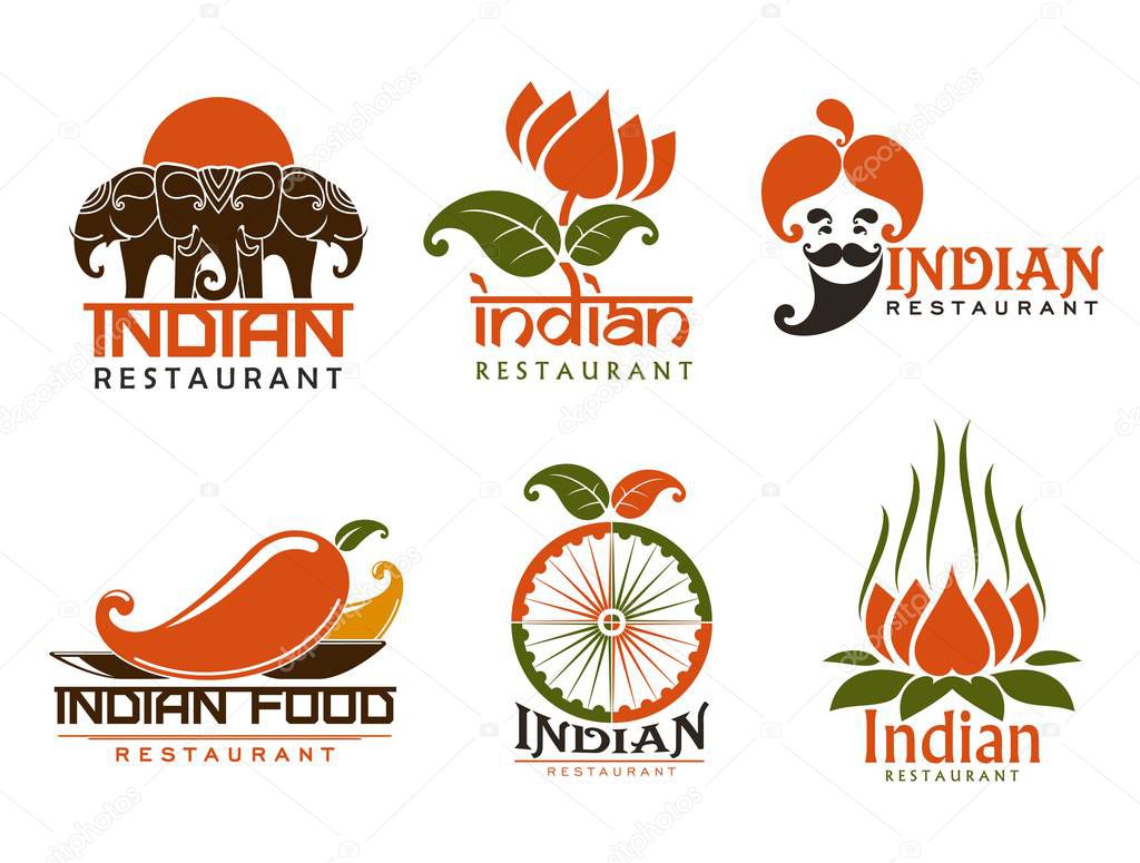 Indian restaurant isolated symbols and icons. Vector three elephants at sunset, lotus flower and man in turban with beard. Chilli pepper and buddhism spiritual meditation, wheel and national cuisine
