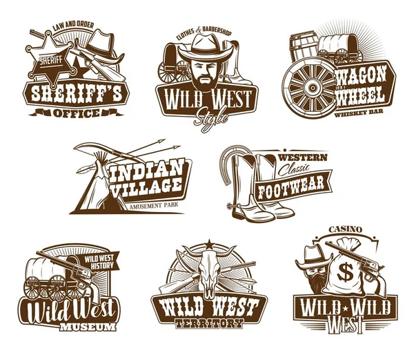 Amerikaanse Western, wilde westen Vintage iconen — Stockvector