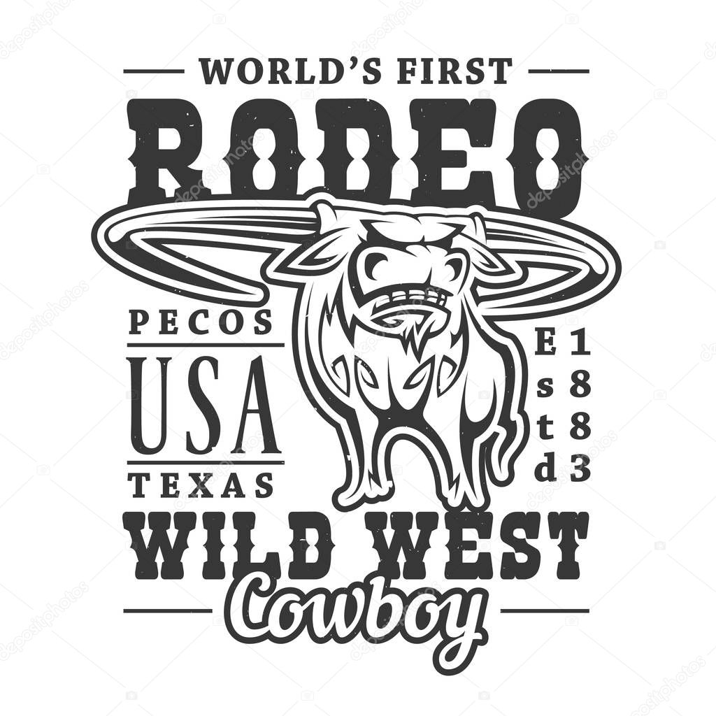 Cowboy rodeo, American Western longhorn bull t-sirt print. Vector Wild West Texas rider sport, t-shirt white and black outline label of longhorn bull