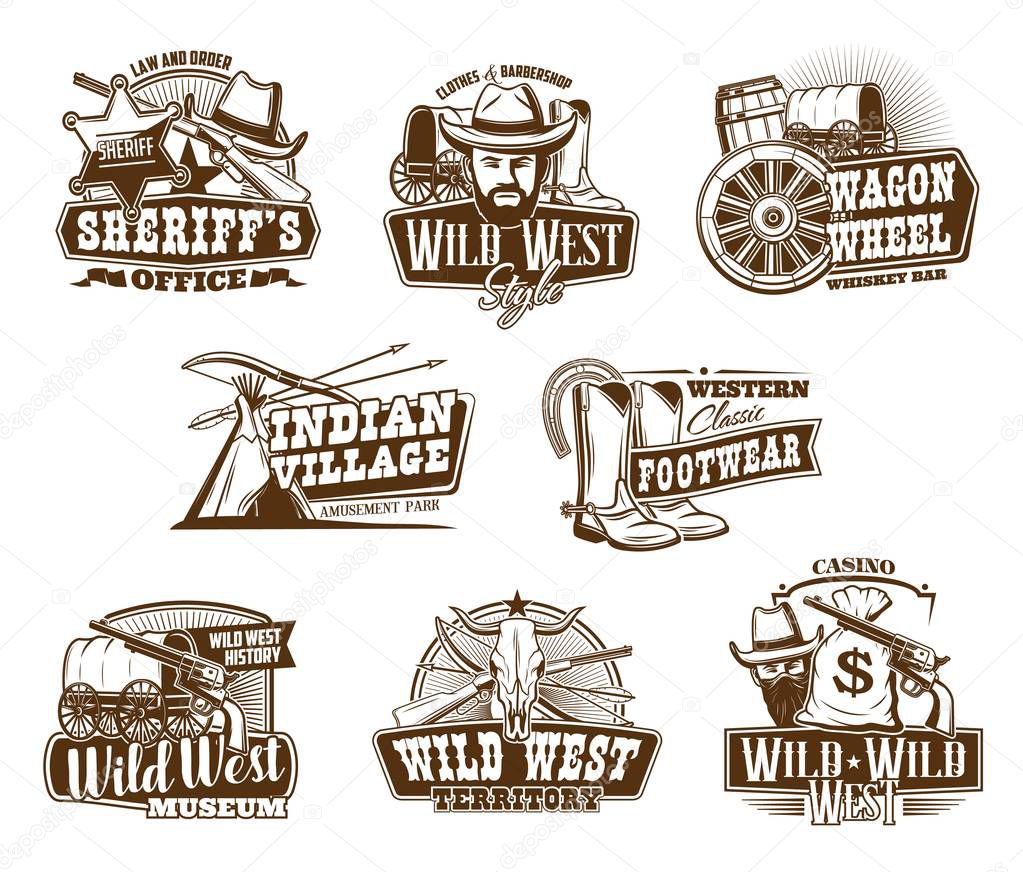 Western Texas cowboy and Wild West vintage icons. Vector clothes and barber shop sign, country ranch longhorn bull skull, sheriff star badge, cowboy hat and boots, bandit gun and money bag