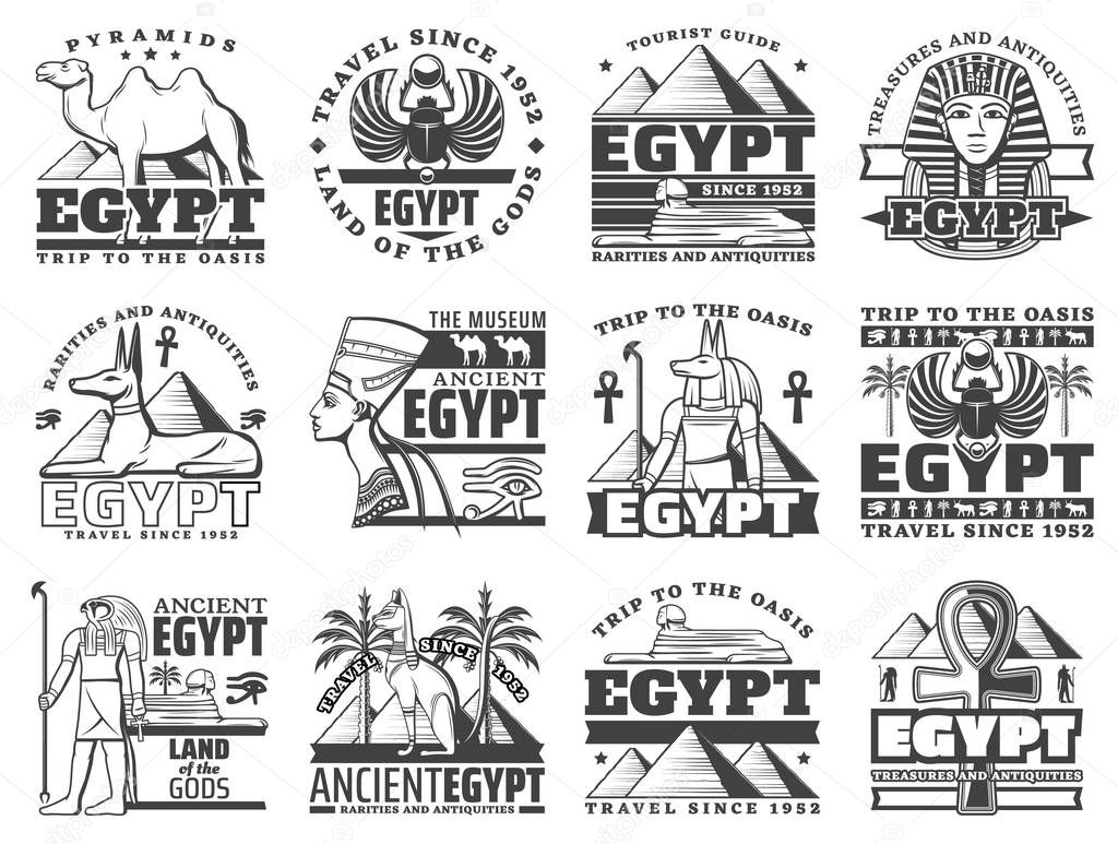 Egypt travel and Cairo landmarks icons. Vector ancient Egyptian pharaoh pyramids, sphinx and mummy, Anubis and eye sign, camel and coptic cross. Desert journey adventure to Egypt treasure antiquity
