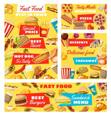 Fast food burger, pizza ve sosisli sandviç