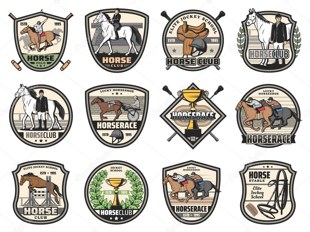 Horse races and equine sport club icons. Vector jockey polo club tournament, horse racing in carriages and mustang jumping, jockey dressage and heraldic victory laurel wreath