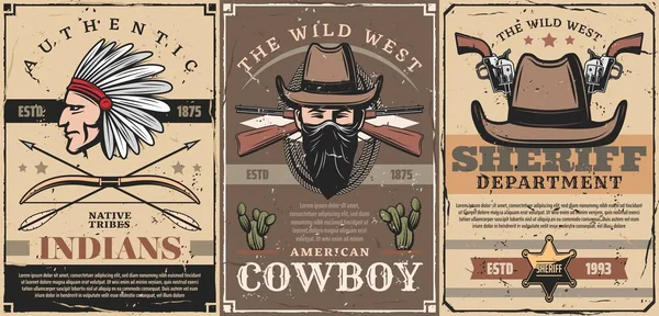 Vahşi Batı şerifi, kovboy ve hint şefi — Stok Vektör