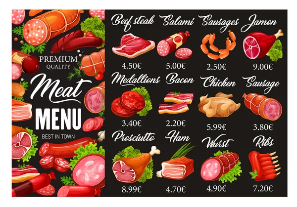 Kiváló minőségű hús, Butchery, kolbász menü — Stock Vector