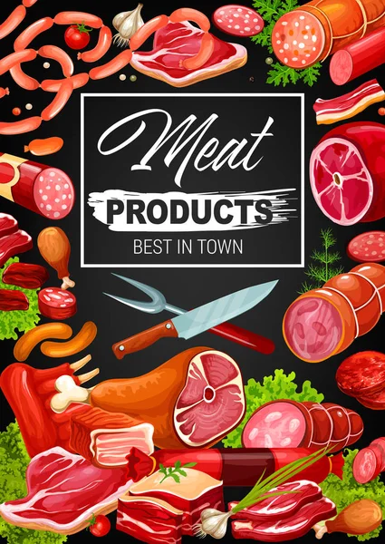 Kött och korv, nötkött och fläsk mat — Stock vektor