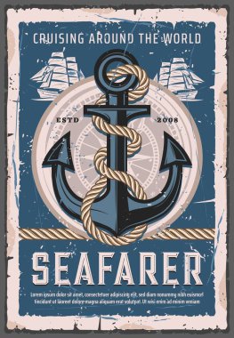 Nautical anchor with rope, seafarer sailing ship clipart