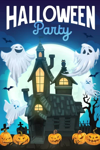 Halloweenské duchy, dýně a netopýři s domem — Stockový vektor