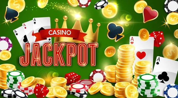 Jackpot w kasynie, monety stawki i asy pokerowe — Wektor stockowy