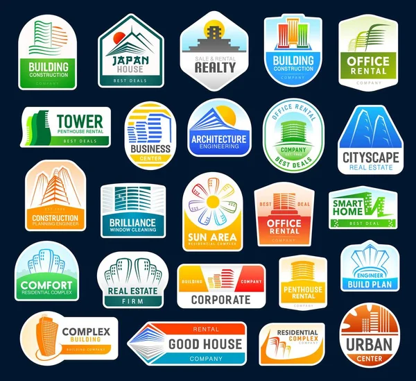 Real estate agency, construction building icons — Stock Vector