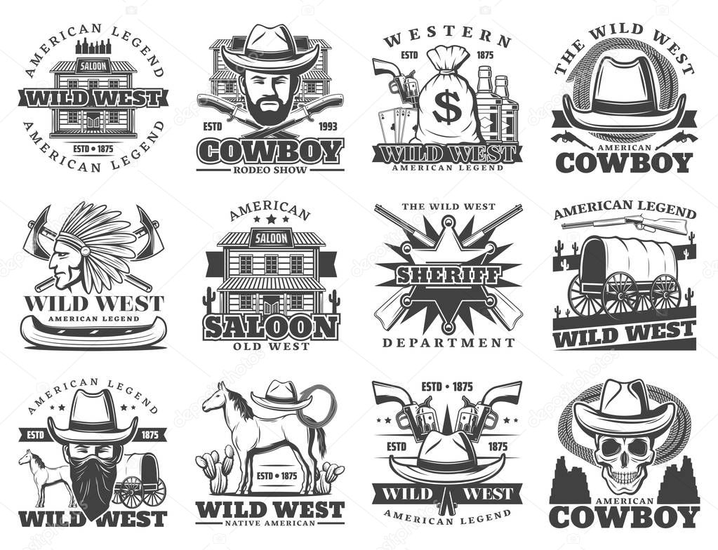 Wild West, cowboy and western isolated icons. Vector american legend saloon, sheriff department, revolver and pistol gun. Native Indian and horse, skull in hat, whiskey bottle and money bag, carriage