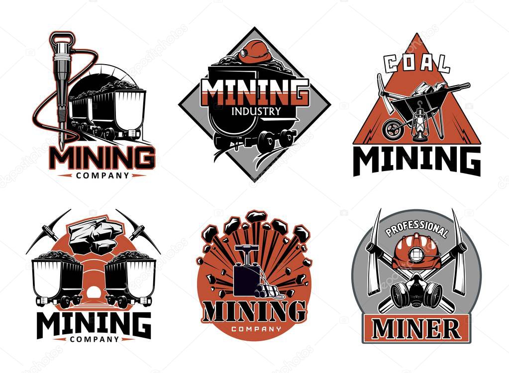 Mining industry, professional miner work tools isolated icons. Vector wheelbarrow and crossed picks, extraction of coal and metal, rock salt, precious stones. Carriage wagon with coal, miners helmet