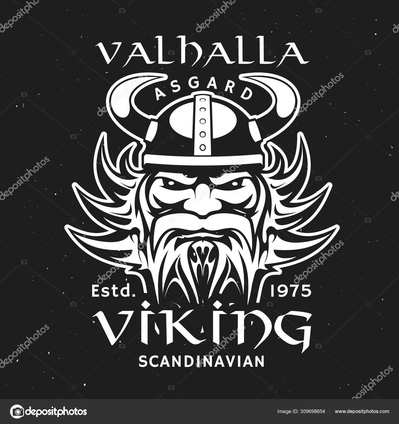 Viking hoved i hornet hjelm, Valhalla Asgård Stockvektor af  ©VectorTradition 309698654, image size:1600x1700