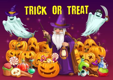 Şekerler, hayaletler, sihirbaz ile Halloween kabaklar
