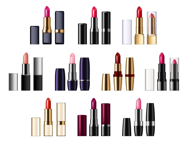 Lipsticks in tubes palette, pomade applicator — Stock Vector