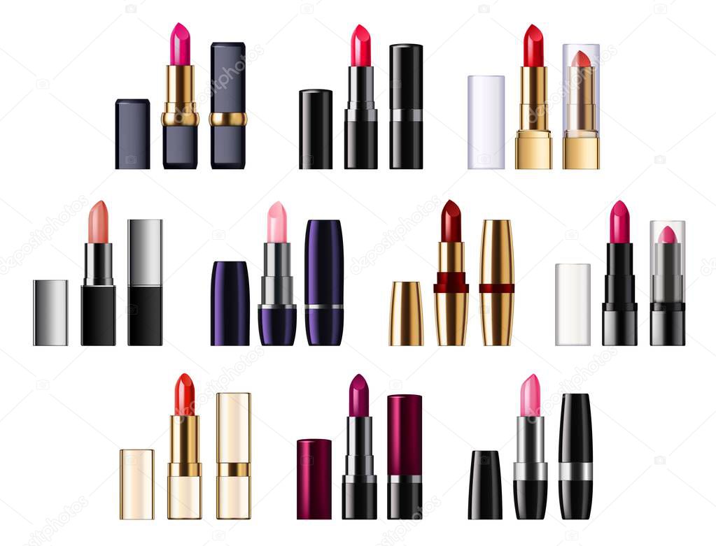 Color lipsticks palette of red, pink, brown color. Vector assortment of glossy lipsticks in tubes, pomade applicator in realistic design. Fashion mockup of makeup cosmetics, lips decor item