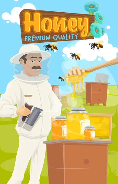Apicultor recolhe mel, apiário e dipper —  Vetores de Stock