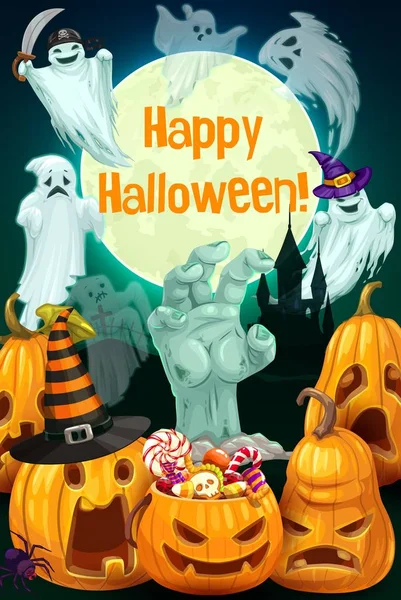 Halloween pumpkins, ghosts, zombie hand, candy — Stock Vector