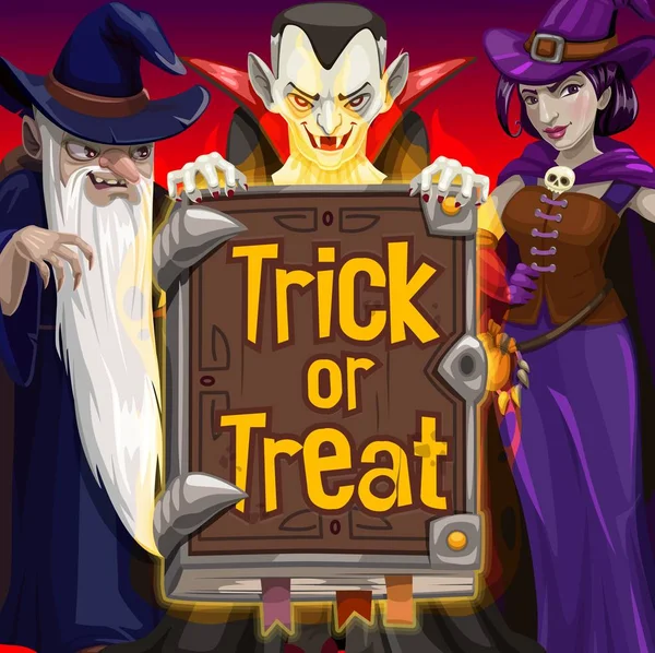 Halloween dracula, witch, wizard and spellbook — Stockvector