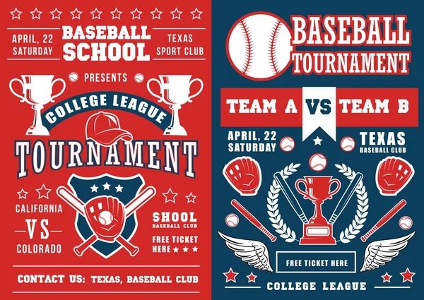 Beyzbol sporu oyun afişi, top ve yarasa — Stok Vektör