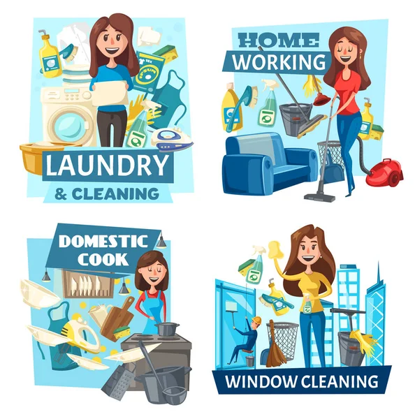 Service de cuisine, lavage et nettoyage ménagers — Image vectorielle