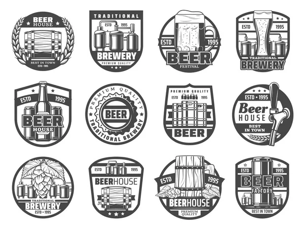 Industria cervecera, cervecería, bar y pub iconos — Archivo Imágenes Vectoriales