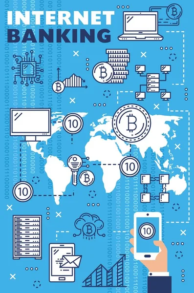 Crypto-monnaie, Bitcoin, mobile internet banking — Image vectorielle