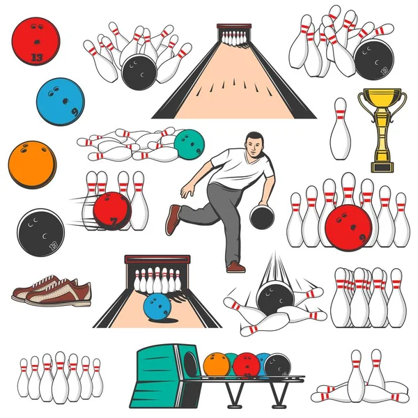 Juego de bolos, bolos y pelotas — Vector de stock