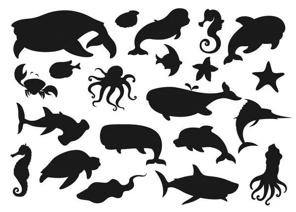 Sea animals and fish silhouettes — Stock Vector