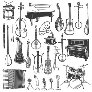 Etnik müzik aleti ve mikrofon çizimleri