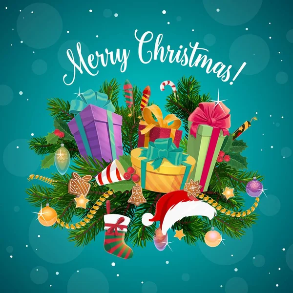 Presentes de Natal e presentes com ramo de árvore de Natal —  Vetores de Stock