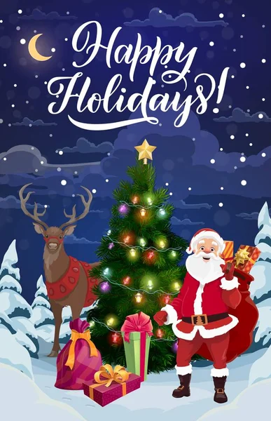 サンタ、鹿、クリスマスの贈り物とクリスマスツリー — ストックベクタ