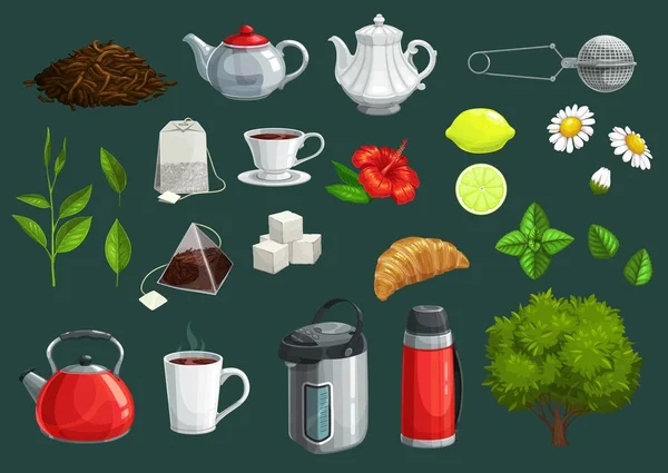 Icônes de thé de tasses, théière, feuilles, sucre, sachets de thé — Image vectorielle