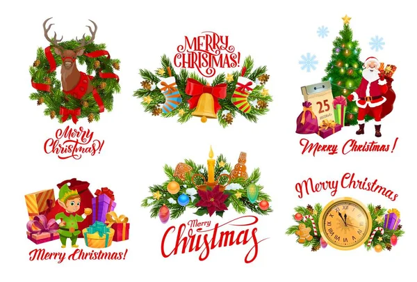 メリークリスマスサンタギフトとリースの装飾 — ストックベクタ