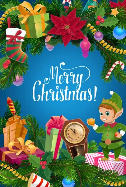 Boże Narodzenie elf i Xmas drzewo wianek z prezentów — Wektor stockowy