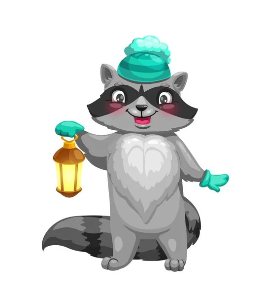 Raccoon animal with knitted hat and lantern — Stock Vector