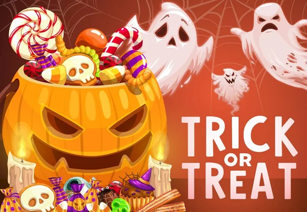 Calabaza de Halloween, caramelos truco o trato, fantasmas — Vector de stock