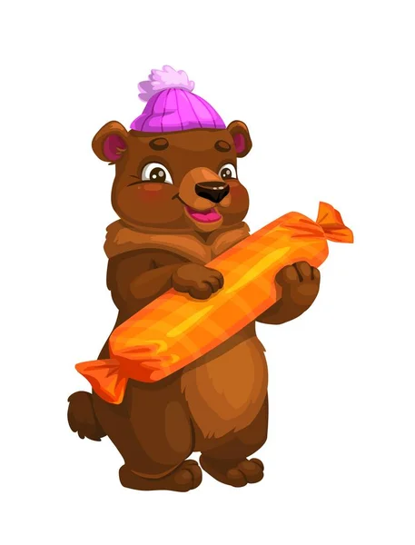 熊卡通动物在帽子与糖果或礼物 — 图库矢量图片