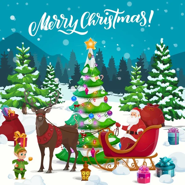 Santa con regalos de Navidad y elfo en trineo de renos — Archivo Imágenes Vectoriales
