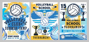 Voleybol topları, kupalar, ıslıklar, mahkeme ağları