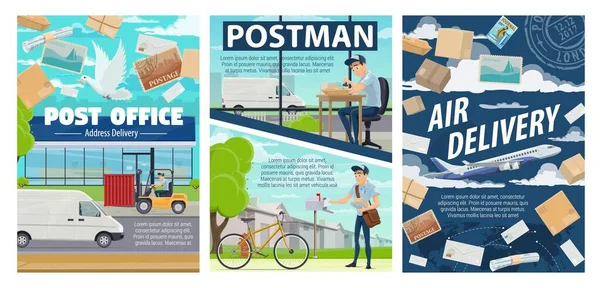 Postes, bureaux de poste et colis. Livraison du courrier — Image vectorielle