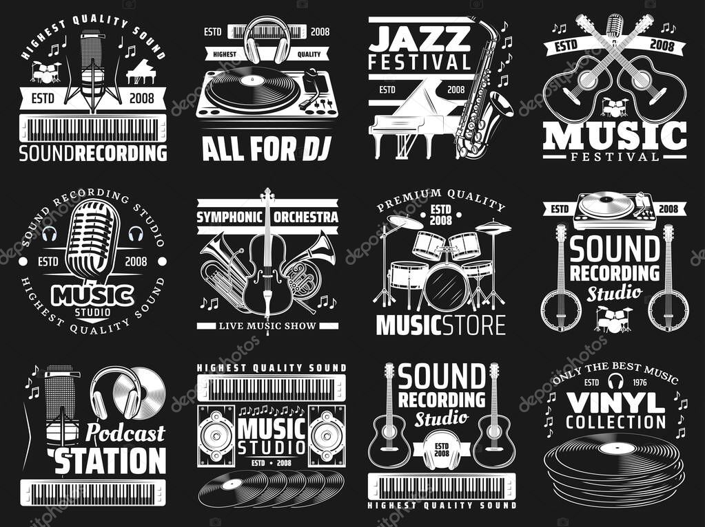 Musical instrument and sound recording studio equipment vector icons of music design. Piano, guitar and vinyl record player, microphone, drum and headphones, saxophone, violin and musical notes badges