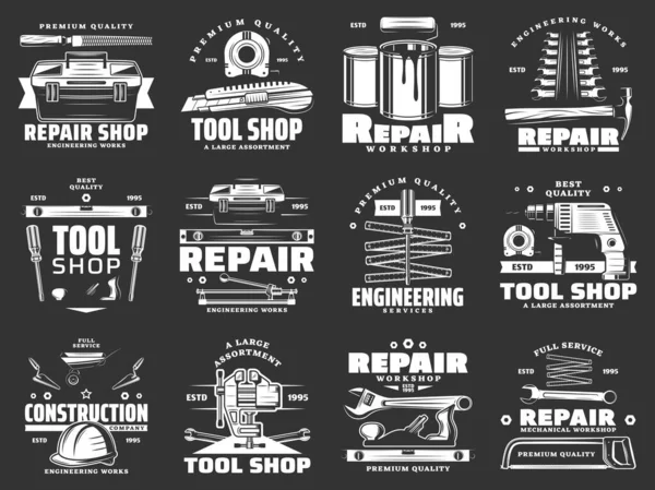 Boîte à outils de réparation, marteau, perceuse, tournevis — Image vectorielle