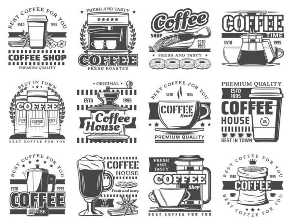 Xícaras de café, máquina de café expresso, feijões e donuts — Vetor de Stock