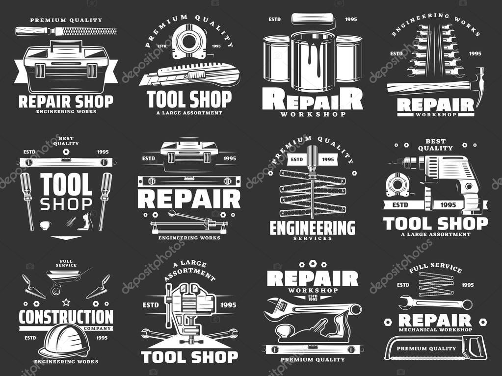 Tools of construction, repair, carpentry and interior design vector icons. Hammer, screwdriver and toolbox, drill, paint and roller, wrench, spanner and tape measure, ruler, trowel monochrome symbols